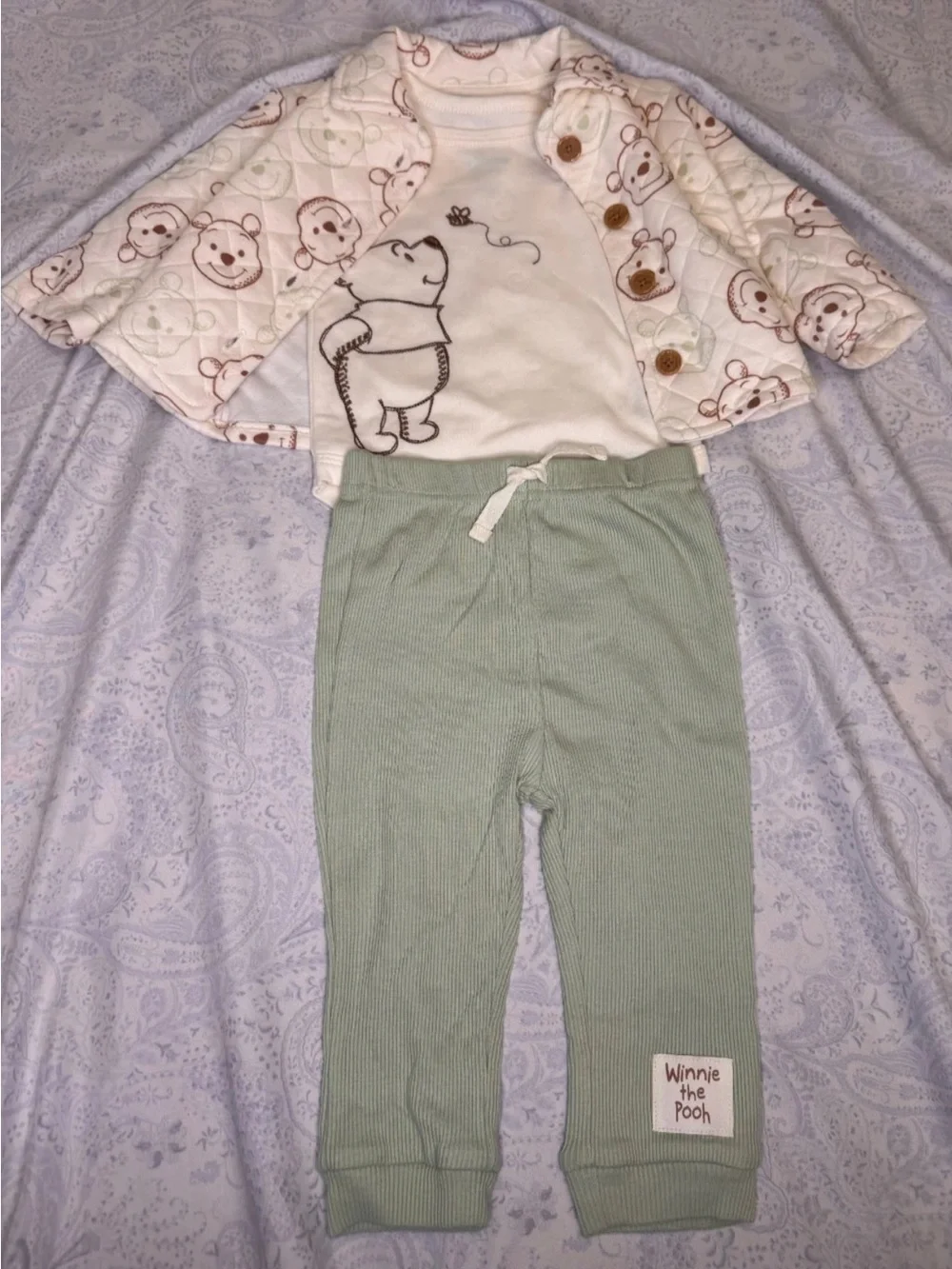Disney Baby Winnie the Pooh 3 Piece Infant Quilted Jacket, Bodysuit & Pants Set